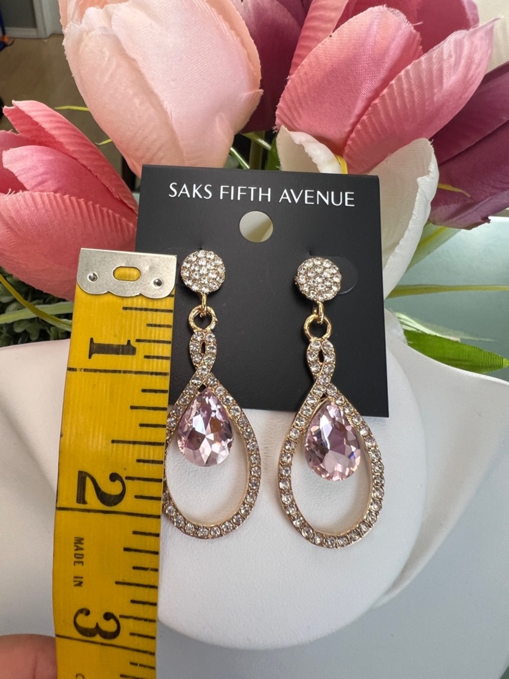Saks Fifth Avenue Dangling Oval Pink Stone Earrings - Picture 5 of 7
